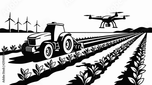 Modern farm with drone and tractor plowing fields