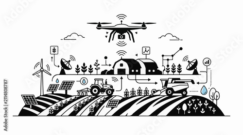 Modern farm with drone machinery solar wind and satellite technology