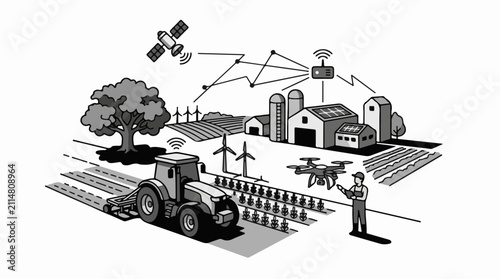 Modern farm utilizes drone tractor satellite wind turbines and solar