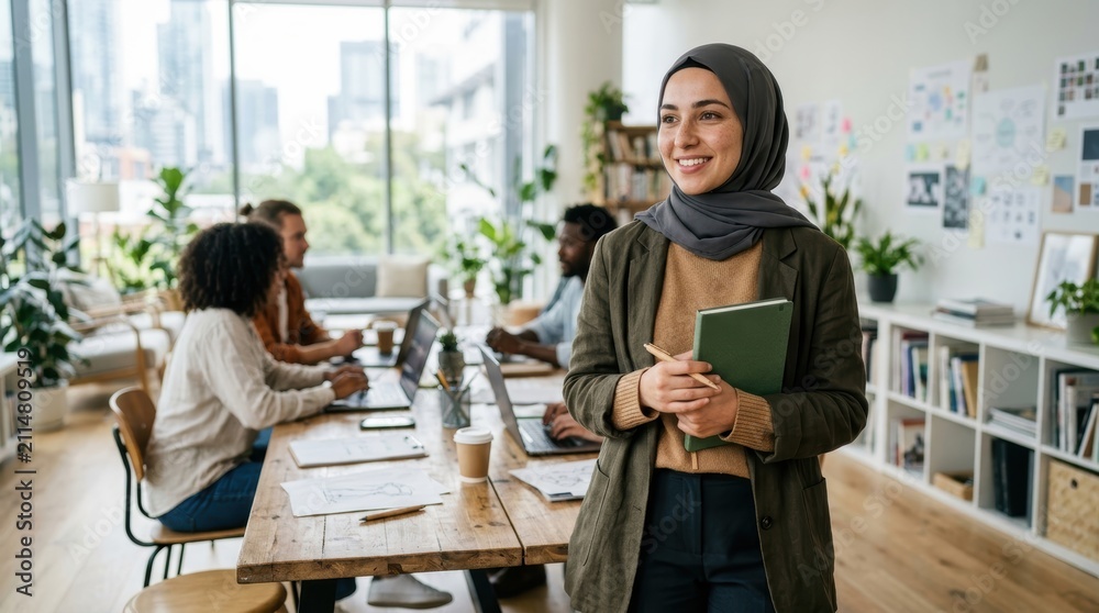 Fototapeta premium A cheerful young woman wearing a hijab stands in a sunlit creative workspace holding a notebook while her diverse professional team collaborates on new business projects at a large wooden table