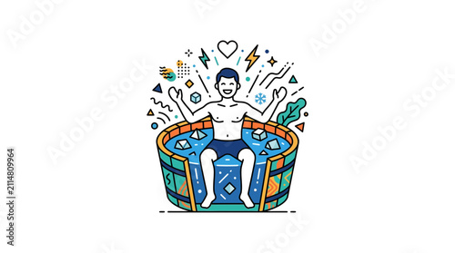 Man enjoys invigorating ice bath with vibrant abstract elements