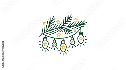 Pine Branch with Festive String Lights and Stars