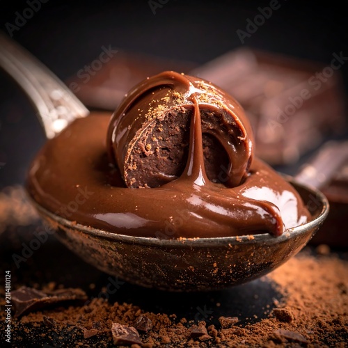 A rich, decadent chocolate dessert with chocolate sauce and a spoon