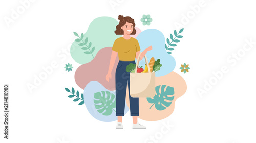 Shopper carries a reusable canvas tote bag filled with fresh organic produce against a soft abstract background.
