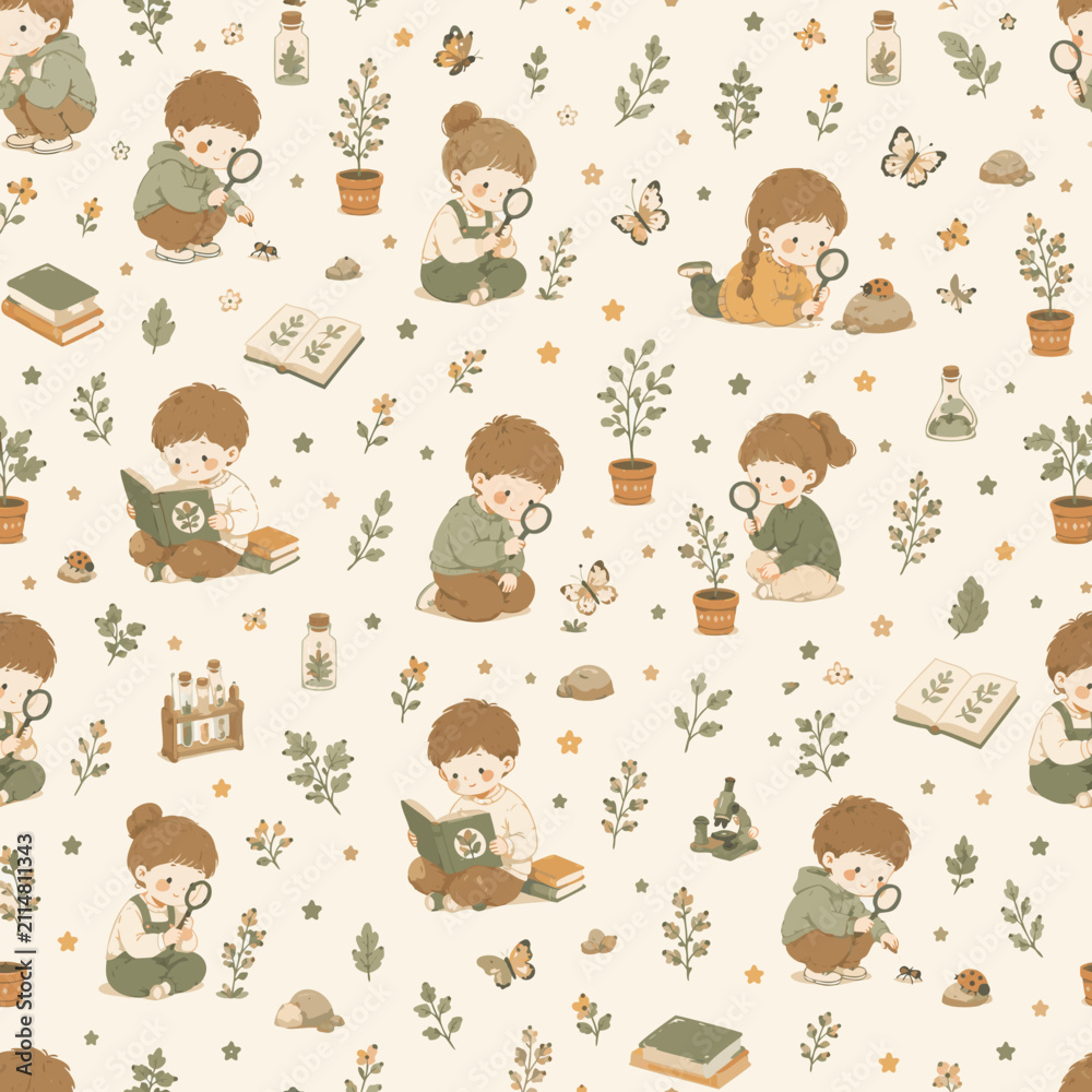 Fototapeta premium Premium Scandinavian Seamless Pattern with Cute Little Children Exploring Nature, Magnifying Glass, Plants, Butterflies and Science Elements, Hand Drawn Nursery Vector Illustration