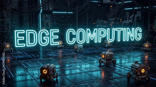 Leuchtender Neon-Schriftzug Edge Computing in Halbtotale über futuristischer Panelfläche mit verteilten Roboter-Modulen