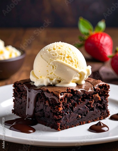 A rich, fudgy chocolate dessert topped with a scoop of creamy white ice cream on a white plate