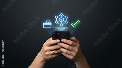 Hands holding smartphone with digital voting icons. Secure mobile blockchain election concept.
