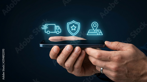 Hands holding smartphone with digital icons. Mobile app for logistics and secure tracking.