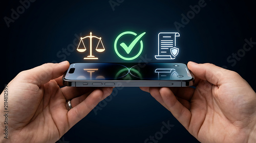 Hands holding smartphone with legal icons. Digital law compliance and verification concept.