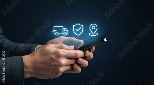 Hands holding smartphone with logistics icons. Digital tracking and delivery service concept.