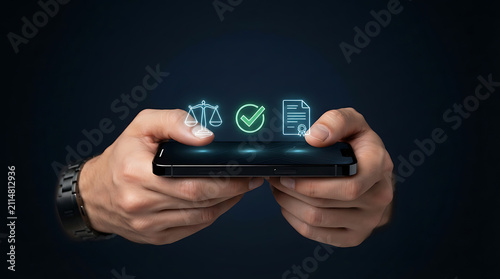 Hands holding smartphone with legal icons. Digital law and compliance concept on mobile.