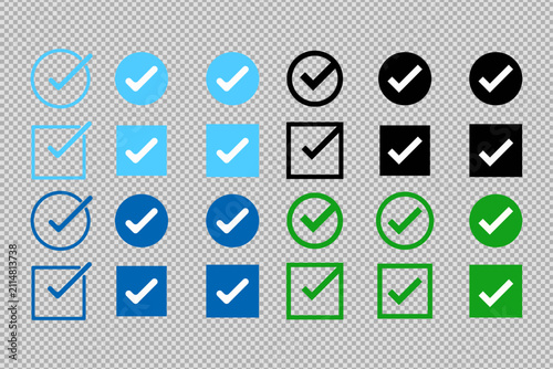 Collection of checkmark icons in various colors and styles on transparent background