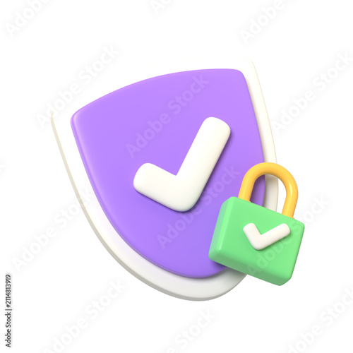 3D Render Security Guard Icon Lock Shield Protection Access Privacy Management Assurance Digital Internet Cyber Personal Data Safety.3d render