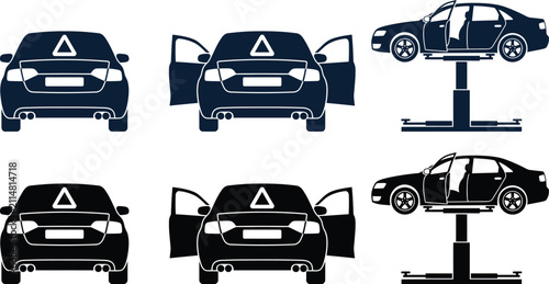 Foto Auto repair lift and car breakdown silhouette vector icon set