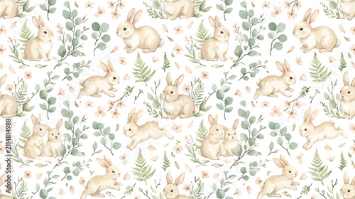 Seamless pattern with cute watercolor bunnies and green eucalyptus leaves for spring textile and nursery wallpaper design