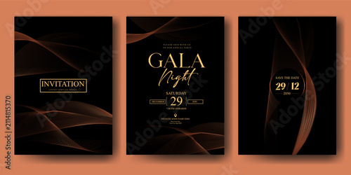 Luxury Gala Night Invitation Template Set with Gold Flowing Waves, Elegant Black Event Cards, VIP Banquet Announcements and Premium Celebration Covers for Formal Corporate Award Ceremonies