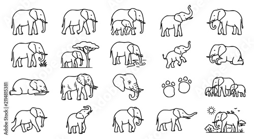 Elegant Elephant Minimal Line Drawing Collection Editable Outline Vector Pack