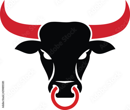 Bild auf Leinwand Black bull head with red horns and nose ring isolated on white background