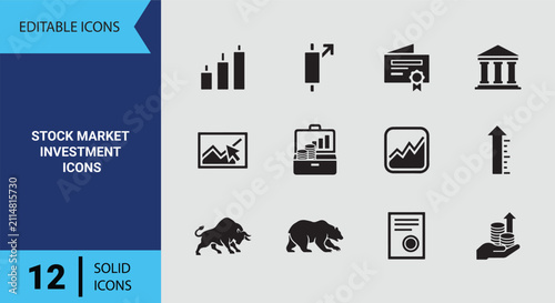 Stock Market Investment and Equity Trading Systems Solid Icon Set for Exchange Traders