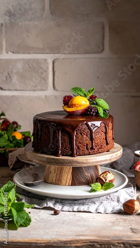 A rich, mocha cake with velvety chocolate glaze and garnishes sits on a wooden pedestal on a rustic table