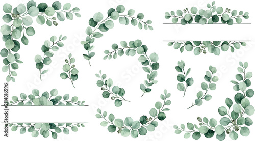 Watercolor eucalyptus foliage collection with decorative frames and corner arrangements for wedding stationery and botanical graphic design