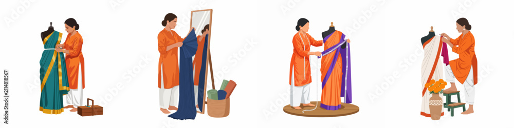 Fototapeta premium Panoramic illustration of an Indian woman fashion designer measuring, pleating, and draping various traditional sarees on mannequins in a studio setting.