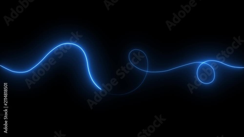 Abstract neon blue light trail flowing on black background, glowing energy wave motion digital data stream animation for tech presentations