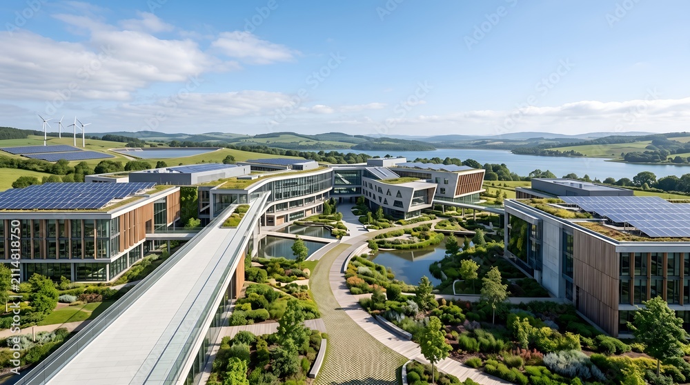Fototapeta premium Modern eco-friendly corporate campus with solar panels, green roofs, and wind turbines.