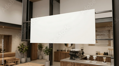 Blank Rectangular Signage Hung Inside a Modern Coffee Shop Interior with Soft Lighting and Contemporary Furniture