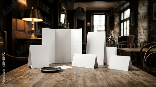 Blank Restaurant Menu Boards and Table Settings on a Wooden Table in a Cozy Pub Interior With Soft Lighting