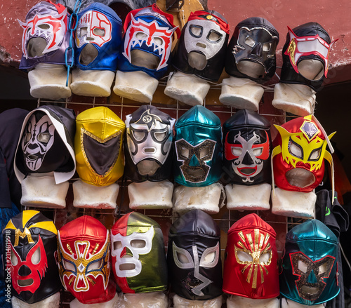 Traditional Mexican Wrestling Masks Displayed at Local Market Stall