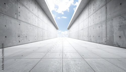 Modern concrete corridor perspective leading to bright sky