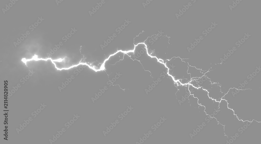 Obraz premium Monochrome electrical flash plasma storm overlay element. Abstract realistic lightning strike bolt set isolated on grey background.Futuristic electric power thunder discharge effect banner