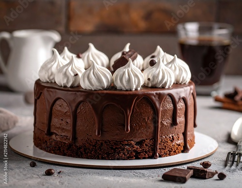 A rich, mocha-flavored dessert with a crumbly base, topped with whipped cream and chocolate sauce