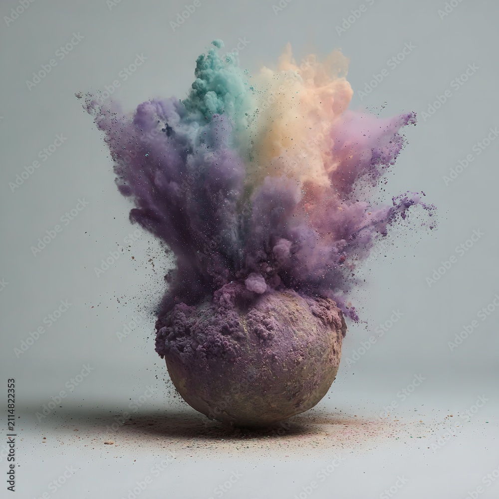 Obraz premium Pastel colored powder explosion bursting from a round concrete sphere