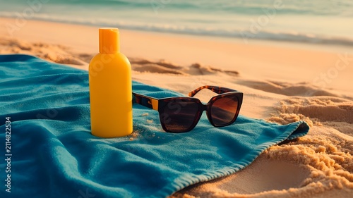 Sunscreen and sunglasses on a blue towel at the beach during the summer bank holiday weekend