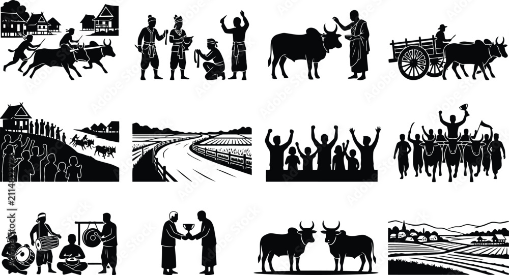 Fototapeta premium Black and white of rural life and traditional farming scenes with oxen, farmers, carts, and cultural ceremonies in a village