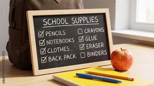 Educational supplies checklist written on chalkboard with backpack and fresh apple for academic preparation