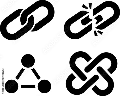Chain link silhouette icon set featuring connected, broken, network node triangle, and interlocked knot shapes for web hyperlink and unity concepts