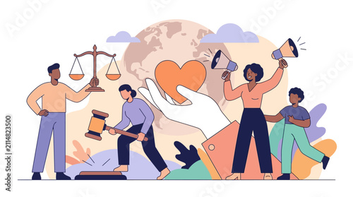 Global Social Justice Concept with diverse people holding scales, gavel, and megaphones around a globe and heart, ideal for human rights campaigns and legal advocacy.