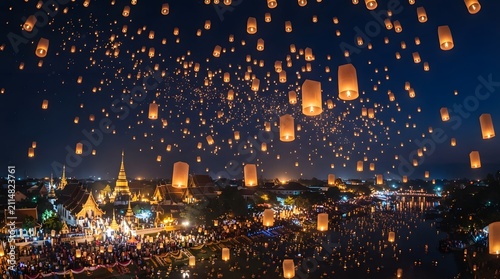 A breathtaking night scene featuring hundreds of glowing paper lanterns floating into the dark sky during the traditional mid autumn festival china cultural celebration event