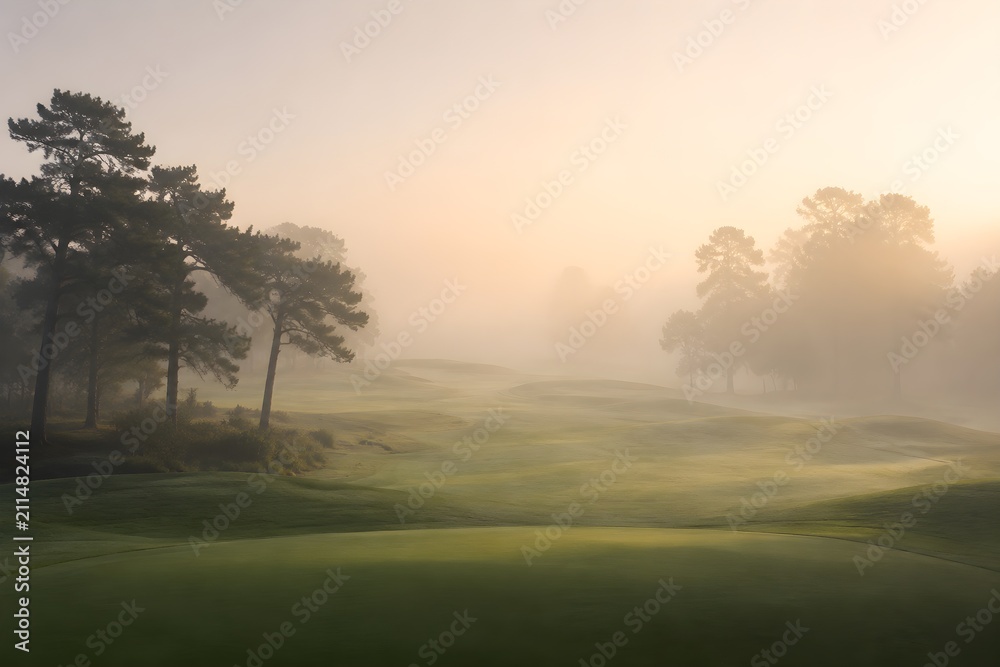 Obraz premium Fairway Disappearing into Thick Morning Mist with Trees as Soft Silhouettes for Atmospheric Golf Photography