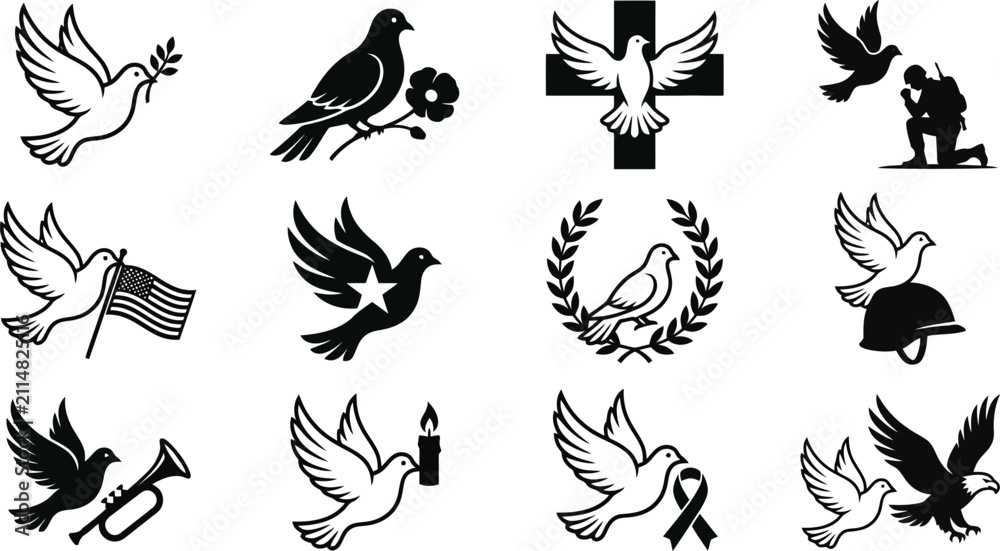 Obraz premium Black and white silhouette depicting doves of peace in various contexts including military tributes, flags, wreaths, and religious symbols