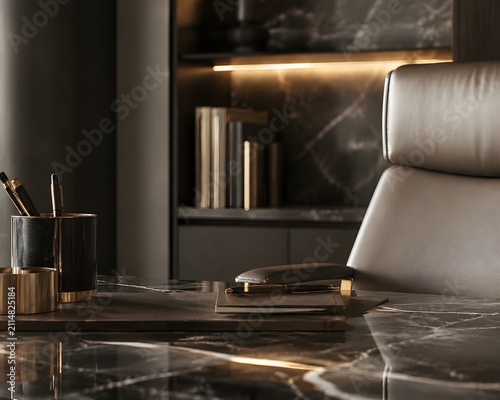Elegant Private Office with Marble Desk Tailored Chair and Muted Palette for Premium Executive Interiors