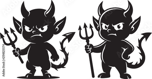 Little devil character with pitchfork cartoon silhouette black vector set pitchfork character silhouette creature mythology
