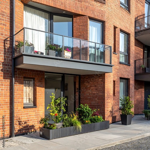 A red brick apartment building with a balcony and plants