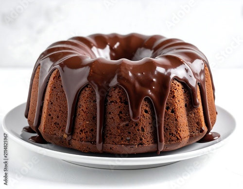 A rich, moist chocolate bundt cake with velvety chocolate glaze oozing down its sides, on a simple white plate