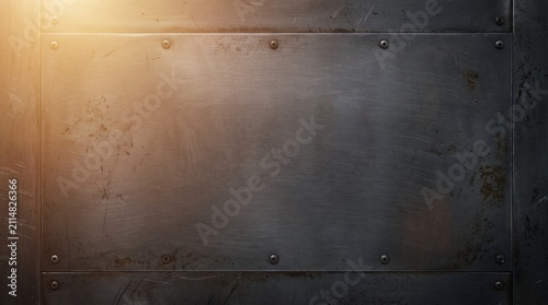 Fondo de presentación industrial de alta resolución, placa de acero bruto y fuga de luz cálida