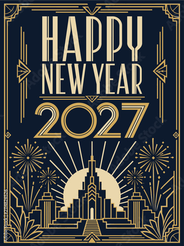 Vintage Happy New Year 2027 Vertical Poster Vector, Retro Holiday Typography Design with City Skyline, Elegant New Year Celebration Banner Template